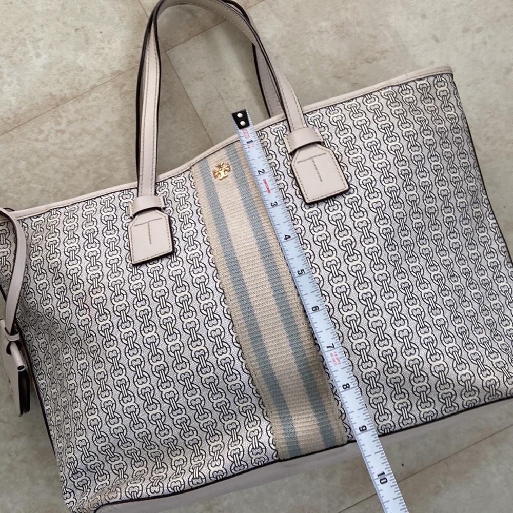 Tory Burch Gemini Link Tote Coated Canvas Double Strap Tote Designer Cream Blue - Picture 13 of 13